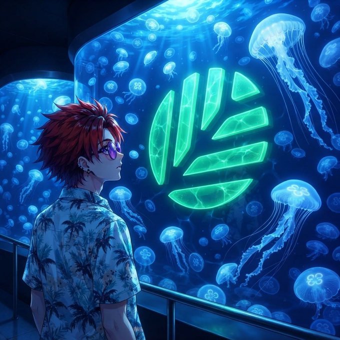 A vibrant anime-style digital illustration of a red-haired person wearing sunglasses and a tropical print shirt, standing in front of a glowing jellyfish aquarium with a bright green geometric logo floating in the water.
