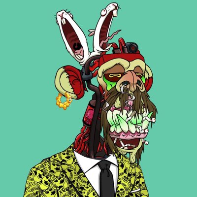 A grotesque, cartoonish figure with bulging eyes, a gaping mouth full of green teeth, and a long tongue, wearing a yellow leopard-print suit, white shirt, and black tie against a teal background. The image relates to the post as a new profile pic featuring a Bored Ape Yacht Club NFT, tagged @BoredApeYC, with the caption "Just live a little."