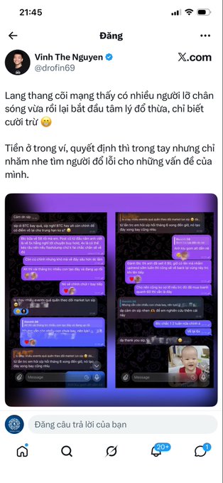 A tweet by Vinh The Nguyen (@drofin69) in Vietnamese about the cruelty and hypocrisy of some people online, accompanied by screenshots of Facebook Messenger conversations.