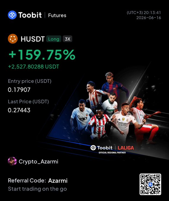 The focus of this message appears to be a discussion about trading cryptocurrency, with the main point being related to the crypto market. The poster shows an advertisement for Bitcoin Futures that has a group photo featuring a person wearing a team jersey. This photo might belong to the team logo associated with the cryptocurrency. The image is accompanied by text which refers to "referrals code: azarmi", and it emphasizes the risk-free nature of trading using this particular platform, specifically, Bitcoin Futures.