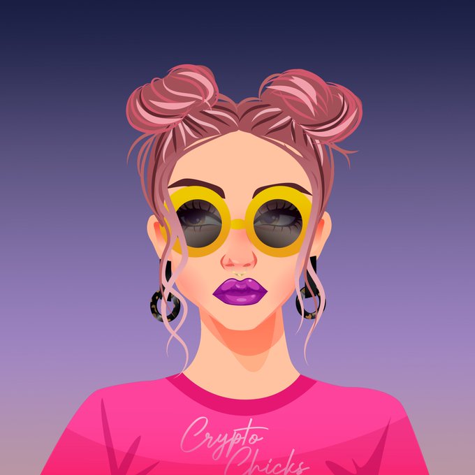 A digital illustration of a woman with pink hair in two buns, wearing large yellow round sunglasses, black hoop earrings, bright purple lipstick, and a pink shirt with "Crypto Chicks" written across it.