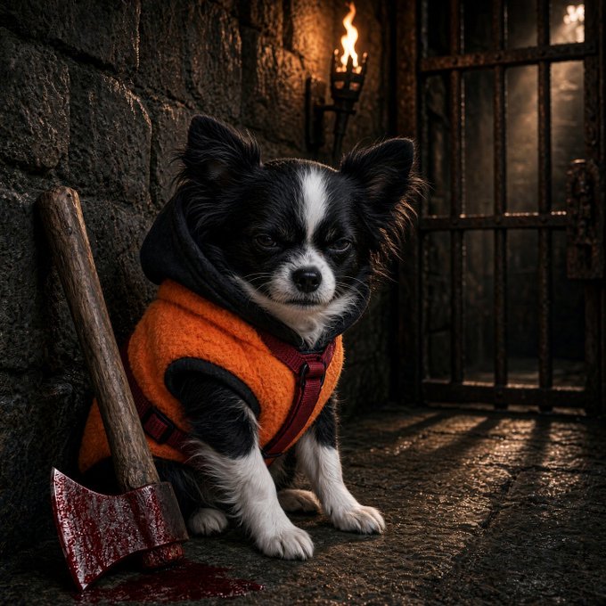 A small black and white dog wearing an orange hooded sweater, sitting next to a bloody axe on a stone floor in front of a dark metal gate.