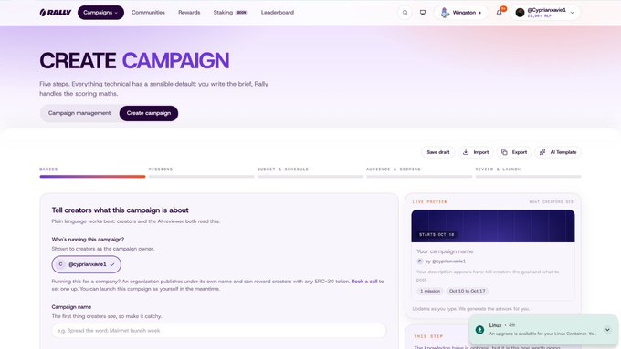 A screenshot of the Rally platform's "Create Campaign" page showing campaign setup details for the owner "@Cyprinewave1" with steps for Basics, Missions, and Budget.