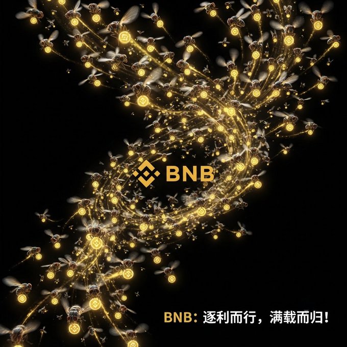 A promotional image for BNB (Binance Coin) featuring a swirling helix of glowing bees, with the Chinese text "BNB: 逐利而行，满载而归！" (BNB: Go after profit and return fully loaded!).