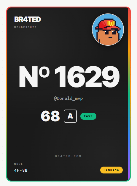 A digital BR4TED membership card N°1629 for @Dona1d_mvp, showing 68 A points, a 'PASS' status, and a pixel art profile picture.