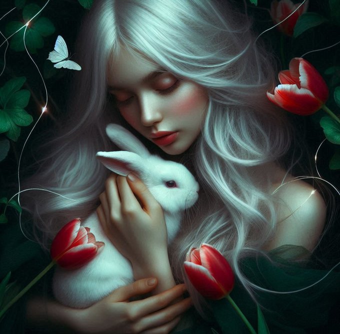 A serene silver-haired woman with closed eyes gently cradles a white rabbit amid vibrant red tulips and a delicate butterfly. The ethereal, dreamlike scene perfectly complements the "Hidden Serenity" theme of the NFT artwork being offered for sale.