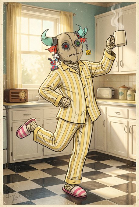 The image features a cartoon character dressed in pajamas, holding a coffee cup and standing in front of a kitchen with white cabinets and a window. The character appears to be wearing slippers and has horns on their head. The caption for the image reads "Rise and shine @SolOnChain and @BullBearsX family. Get out and enjoy the day."