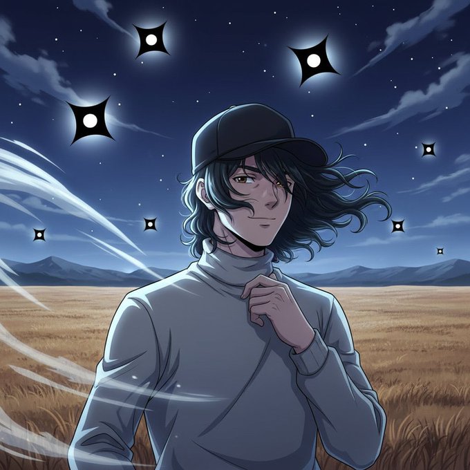 An anime-style illustration of a young man with long dark hair wearing a black cap and light sweater, standing in a wheat field under a starry night sky with stylized star shapes.
