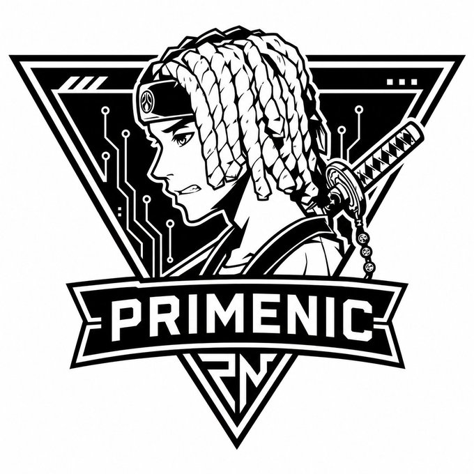 A black and white triangular emblem features a cybernetic samurai with dreadlocks, a headband, and a katana, with circuit board patterns in the background and a banner reading "PRIMENIC" below. The image appears to be a personal logo or brand, unrelated to the casual Sunday morning post about touching grass and coding with Claude.