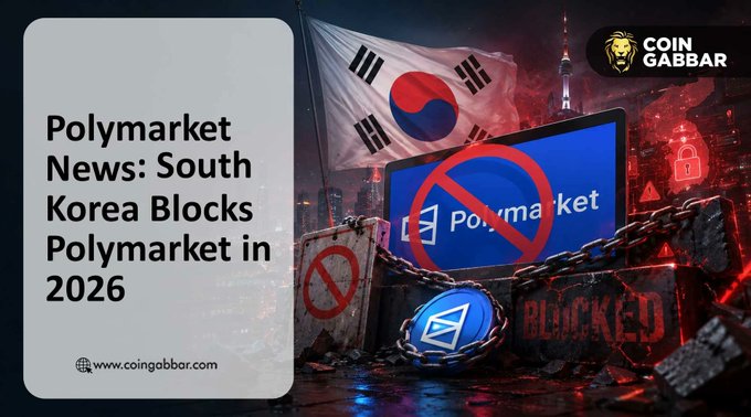 A promotional graphic titled 'Polymarket News: South Korea Blocks Polymarket in 2026' from coingabbar.com, featuring a South Korean flag, a prohibition symbol over the Polymarket logo, chains, padlocks, and a 'BLOCKED' text overlay.