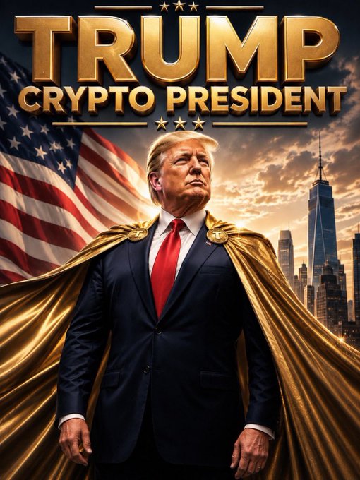 A dramatic poster featuring Donald Trump in a suit with a gold cape against an American flag and city skyline, with the bold gold text 'TRUMP CRYPTO PRESIDENT'.