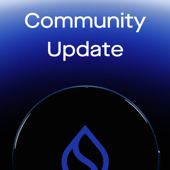 A blue gradient announcement graphic reads “Community Update” in large white letters above the upper portion of a black circular emblem with a blue flame mark.