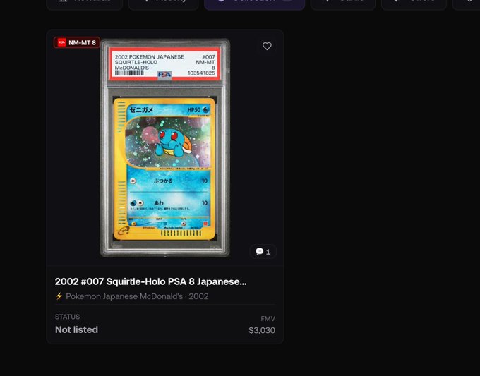 The image shows a PSA 8 graded 2002 Japanese Squirtle-Holo Pokémon McDonald's card (#007) listed at $3,030 FMV. It relates to the post as visual proof of the profitable trade the user made on Glyde, turning a $250 investment into a $3K return.