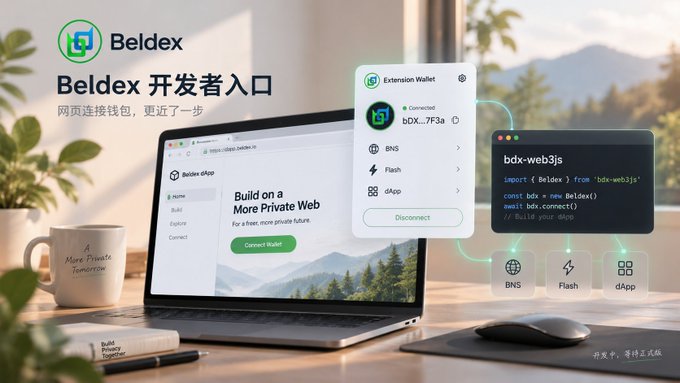 A Beldex developer portal advertisement ('Beldex 开发者入口') showing a laptop with a wallet interface connected to bDX-web3js, with Chinese text indicating web-based wallet connectivity.