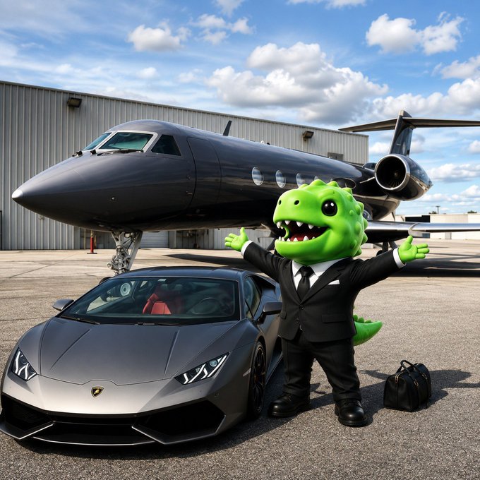 A green dinosaur mascot in a black suit poses with arms outstretched in front of a private jet and a gray Lamborghini on an airport tarmac.