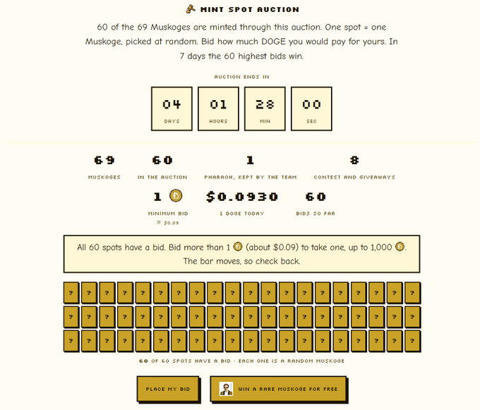 A 'Mint Spot Auction' webpage displays a countdown ending in 4 days, 1 hour, 28 minutes, featuring 69 Muskogees, with 60 spots starting at a minimum bid of 1 DOGE (≈$0.09) and a current price of $0.0930.