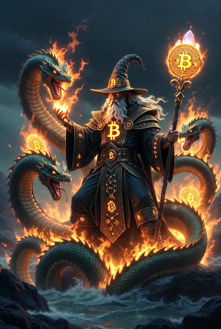 A fantasy illustration of a wizard with a Bitcoin symbol on his chest and hat, holding a staff topped with a flaming Bitcoin, surrounded by serpentine creatures amid flames.