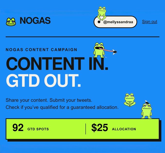 A blue webpage for “NOGAS” displays “NOGAS CONTENT CAMPAIGN” and the headline “CONTENT IN. GTD OUT.” It includes the text “Share your content. Submit your tweets. Check if you’ve qualified for a guaranteed allocation,” plus “92 GTD SPOTS” and “$25 ALLOCATION.”