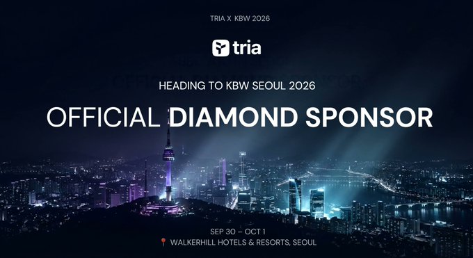 A promotional graphic with a city skyline at night, reading 'TRIA X KBW 2026', 'HEADING TO KBW SEOUL 2026', 'OFFICIAL DIAMOND SPONSOR', and 'SEP 30 - OCT 1 WALKERHILL HOTELS & RESORTS, SEOUL'.