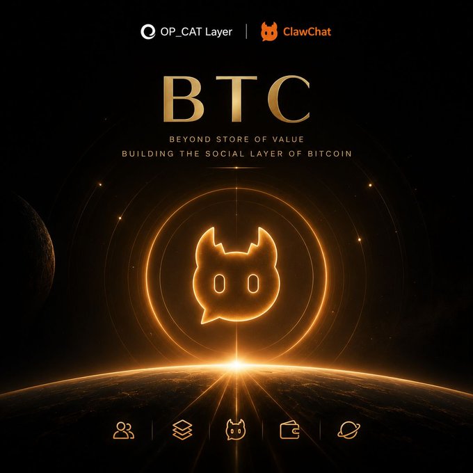 The image features a large, orange circle with a cat's face inside of it. The background of the image is black, which contrasts with the bright orange circle. Below this image, there are several icons representing different aspects of the Bitcoin world, such as a planet and a space shuttle. These icons are arranged in a row below the cat's face, creating an interesting visual connection between the cat and the Bitcoin-related elements on the poster.
