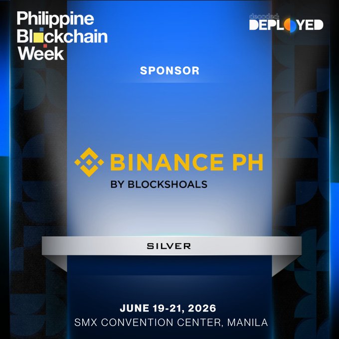 The image features a poster for the Philippine Blockchain Week that includes a sponsor's name "BINANCE PH" and a logo of a yellow and blue square with a black border. The poster also displays text indicating that the event is taking place at SMX Convention Center in Manila on June 19-21, 2016.