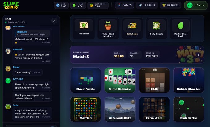The image shows a screenshot from an app store page featuring various games including one called "Slime Coinio". The word "Slime" appears prominently in multiple instances, suggesting that this game might be related to the popular Slime dApp or possibly one of its competitors. As for mobile mini-games, there are several titles visible in different areas of the screen. The overall impression is that this app showcases some interesting games and possibly offers a unique way to participate in the dApp community by playing mobile mini-games with real USDC.