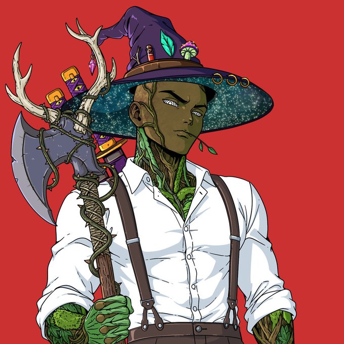 Digital artwork depicting a green-skinned humanoid character wearing a white button-up shirt, suspenders, and a large purple witch's hat adorned with potions and a green leaf, while holding a staff topped with an axe and antlers against a red background.