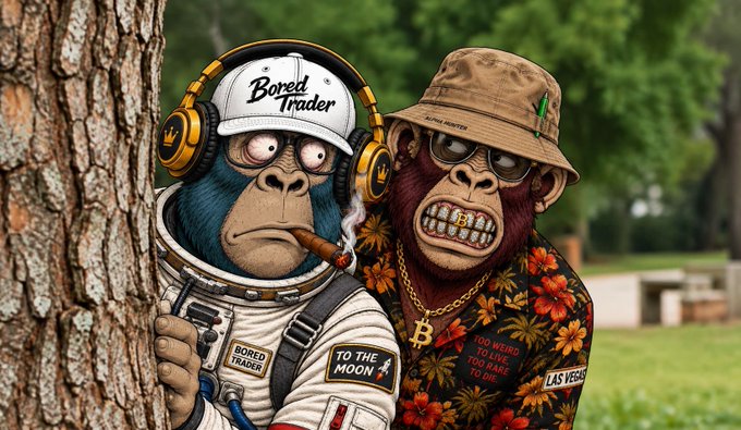 A cartoon-style illustration of two anthropomorphic monkeys peeking from behind a tree - one in an astronaut outfit with a 'Bored Trader' cap smoking a cigar, the other wearing a bucket hat, sunglasses, gold chains, and a floral shirt with 'TO THE MOON' and 'LAS VEGAS' patches.