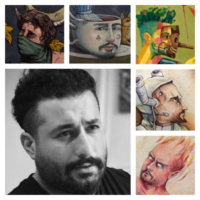 A black and white portrait of a bearded man is surrounded by five colorful artistic illustrations depicting various character designs.