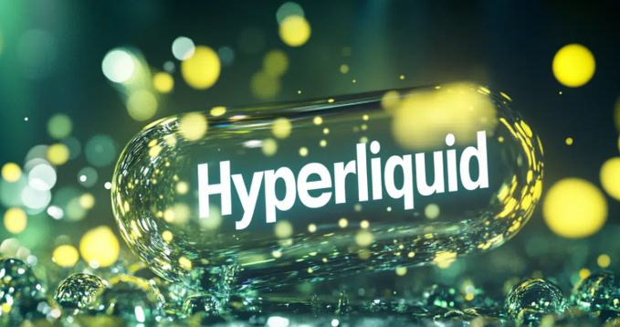 A glossy, translucent bubble displays the word "Hyperliquid" against a backdrop of green and yellow bokeh lights and water droplets.