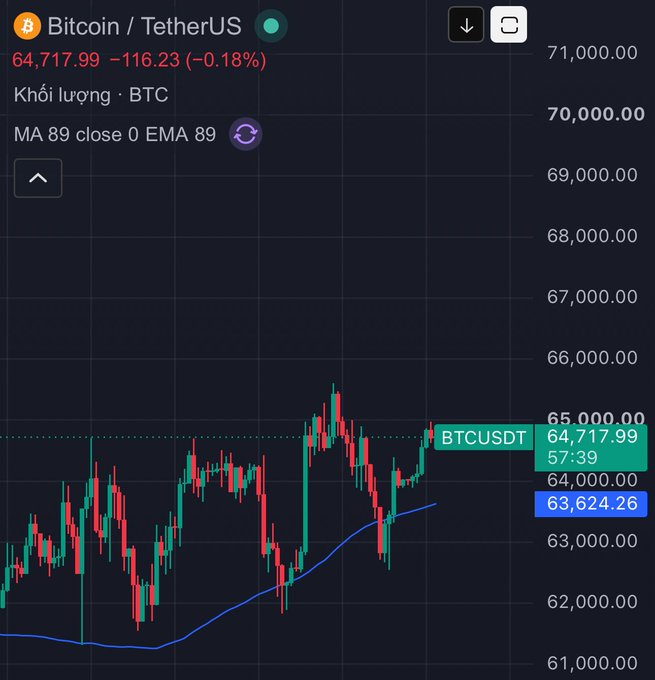 A Bitcoin/TetherUS (BTCUSDT) trading chart showing a price of 64,717.99, down 116.23 (-0.18%), with moving averages and price action displayed.