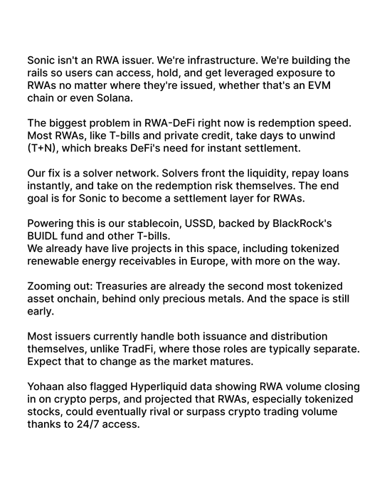 An article text excerpt explaining that Sonic is infrastructure, not an RWA issuer, and discusses their solver network for redemption speed in RWA-DeFi.