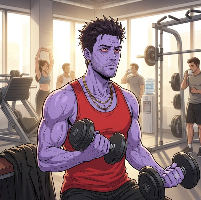 An anime-style illustration of a muscular purple-skinned man with spiky black hair and a gold chain, wearing a red tank top and lifting dumbbells in a gym with other people in the background.
