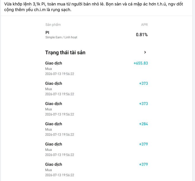 The image shows a Pi cryptocurrency asset status page with a 0.81% APR (Simple Earn/Flexible) and multiple purchase transactions (+655.83, +373, +373, +284, +379, +379) all timestamped 2026-07-13 19:56:22, illustrating the OP's claim of buying a total of approximately 3,100 Pi from small retail sellers.