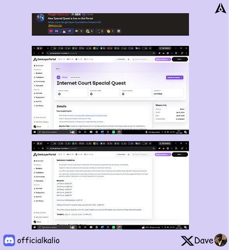 A screenshot of a Discord post by GEN showcasing an "Internet Court Special Quest" on QuestN, with officialkalio and XDave tagged, detailing a submission guidelines quest offering rewards like 0.5 ETH, 0.025 ETH, and 1,200 CP.