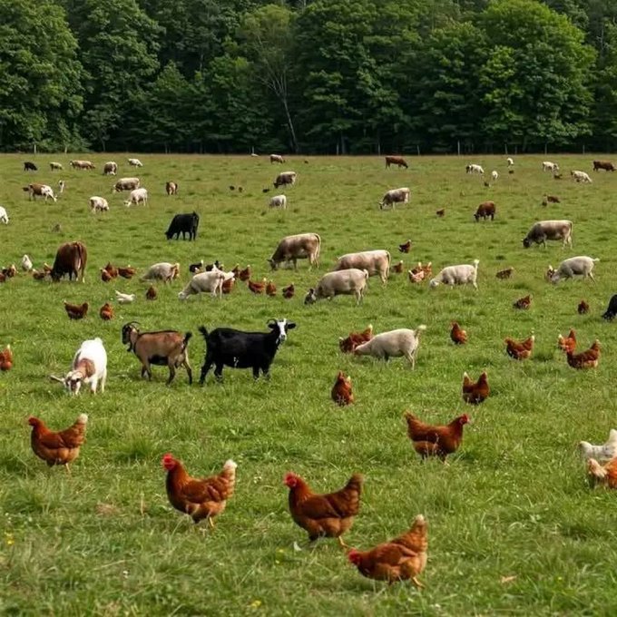 A pastoral scene with various farm animals including chickens, goats, sheep, and cows grazing together in a green field bordered by trees.
