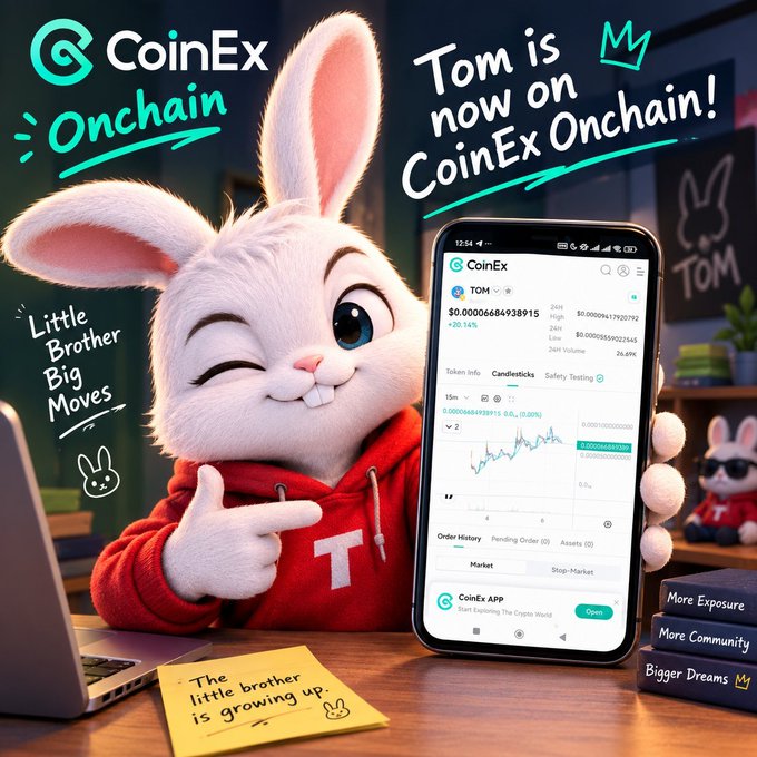 A promotional advertisement for CoinEx Onchain features a cartoon white bunny in a red 'T' hoodie pointing at a smartphone displaying the TOM token on the CoinEx app, with text 'Tom is now on CoinEx Onchain!' and 'Little Brother Big Moves'.