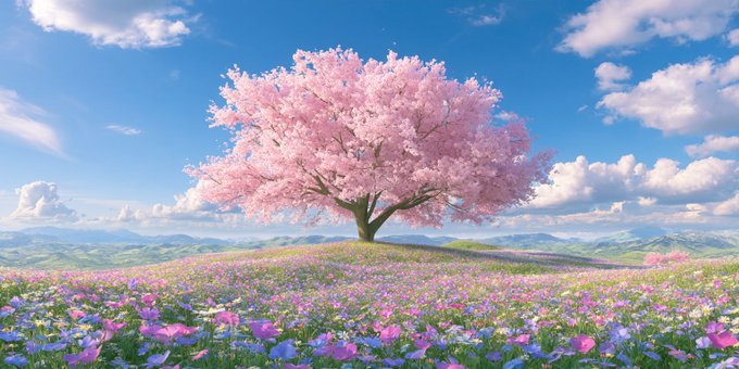 A scenic landscape featuring a large pink cherry blossom tree on a hill covered with a field of colorful wildflowers under a bright blue sky with clouds.