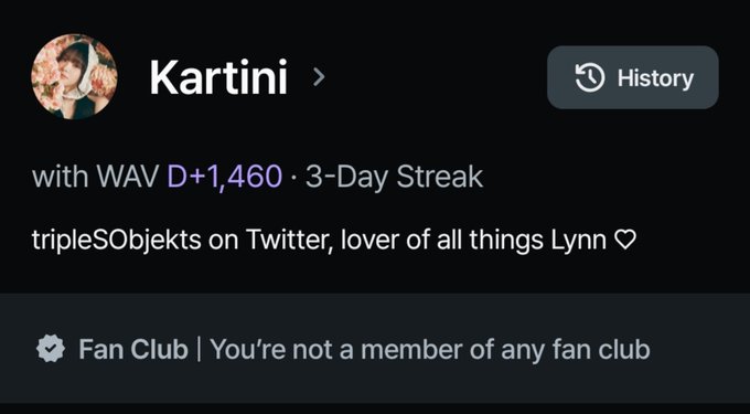 Profile screen for "Kartini" showing "with WAV D+1,460", "3-Day Streak", and "lover of all things」 Lynn♡" along with a Fan Club section.