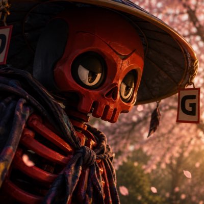A detailed illustration of a red skeleton character wearing a wide-brimmed straw hat, set against a backdrop of pink blossoms.