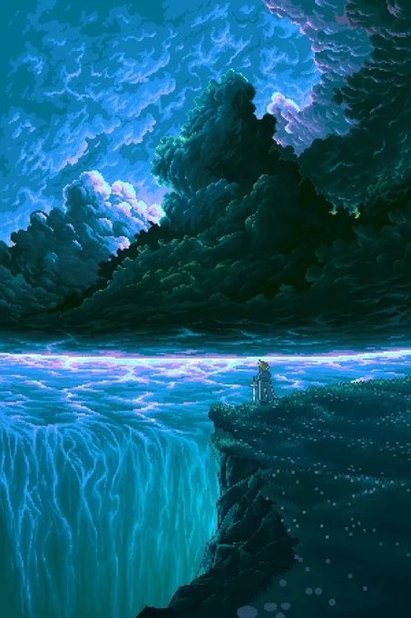 A digital painting depicting a lone figure standing on a grassy cliff edge overlooking a glowing turquoise waterfall beneath dramatic, swirling storm clouds.