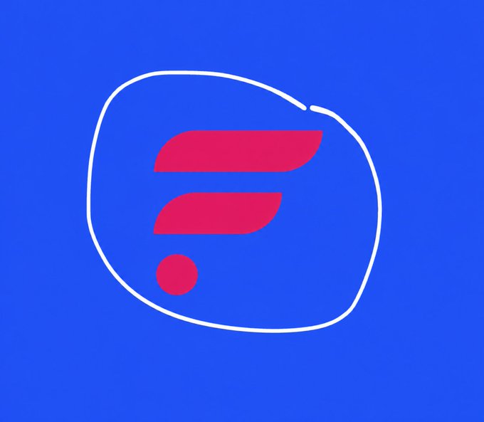 A bold blue square logo featuring a stylized white outline resembling a speech bubble or shield containing red geometric shapes forming a curved 'F' or 'E' design.