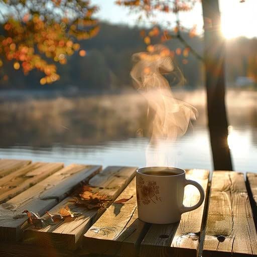 The image features a wooden picnic table with a white coffee cup sitting on top of it, surrounded by fallen leaves from autumn trees. In the background, there are trees that have shed their leaves, creating a beautiful autumn scene. The photo also includes text that reads "Good morning x family.. Happy Friday..".