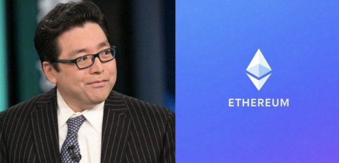 The image shows Tom Lee alongside the Ethereum (ETH) logo, visually linking the Fundstrat co-founder to the cryptocurrency he is actively accumulating. The accompanying post highlights his company BitMine's massive $131M+ purchase of 53,501 ETH, bringing their total holdings to nearly 5% of Ethereum's total supply—an institutional accumulation effort that the image reinforces by pairing his face with the ETH brand.