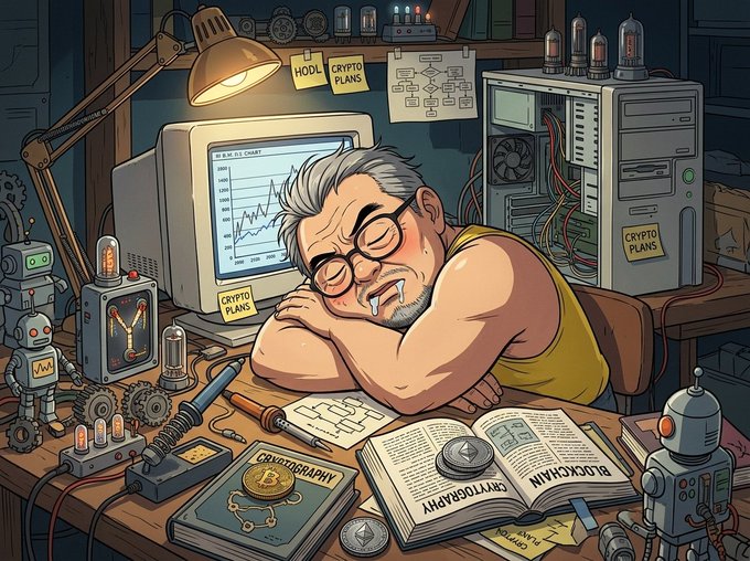 A cartoon depiction of a sleepy, glasses-wearing crypto enthusiast with drool on his face, slumped over a cluttered desk filled with computer parts, robots, and books labeled "Cryptography," "Blockchain," and notes reading "HODL" and "Crypto Plans," as a monitor displays a falling BTC price chart—capturing the "Gn Guys!" mood of an exhausted trader after another rough night watching Bitcoin drop.