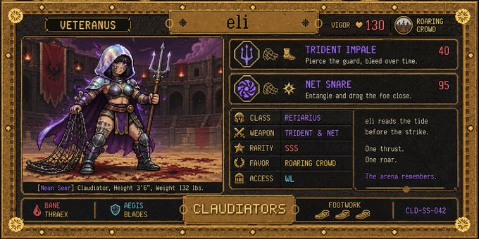 A digital trading card for a character named 'eli', a Veteranus Retiarius Cladiator with 'Trident Impale' and 'Net Snare' abilities, part of the 'Claudators' collection.