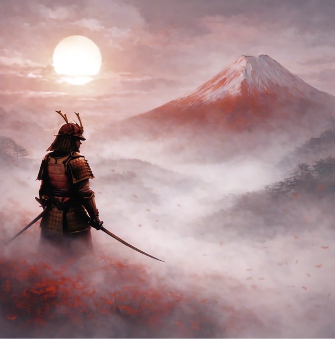 A samurai in traditional armor standing in mist with a sword, facing a snow-capped mountain (Mount Fuji) at sunrise with autumn foliage in the foreground.