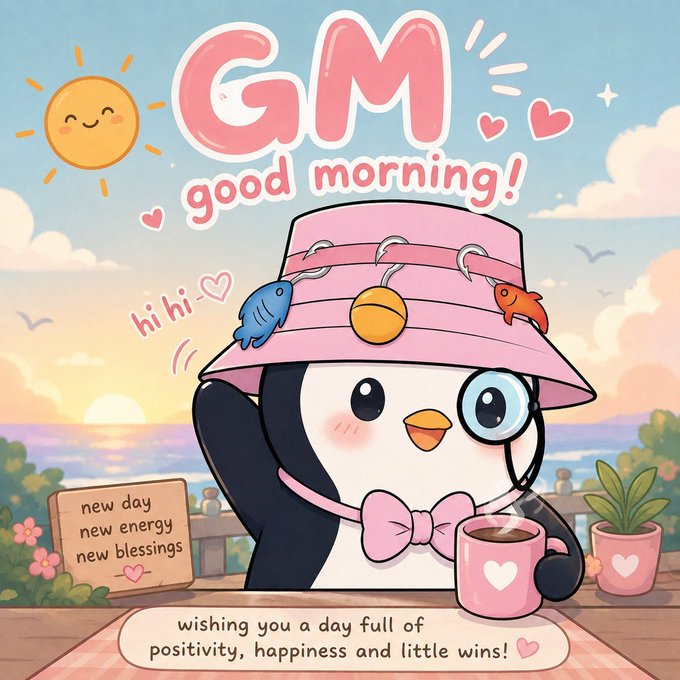 A cute cartoon penguin wearing a pink bucket hat decorated with fish charms holds a pink mug, with 'GM good morning!' text and a message wishing positivity, happiness, and little wins.