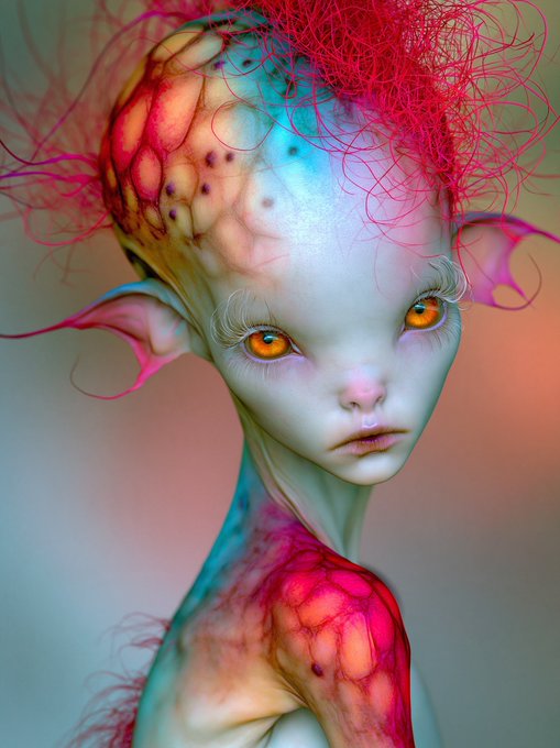 A surreal, stylized 3D-rendered portrait of an alien-like humanoid creature with large orange eyes, pointed ears, and vibrant pink and orange scale patterns on its head and body.