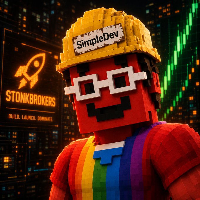A blocky, voxel-style 3D character wearing a yellow hard hat labeled "SimpleDev", pixelated "thug life" sunglasses, and a rainbow shirt, standing in front of a digital billboard advertising "STONKBROKERS - BUILD. LAUNCH. DOMINATE." with a stock chart in the background.